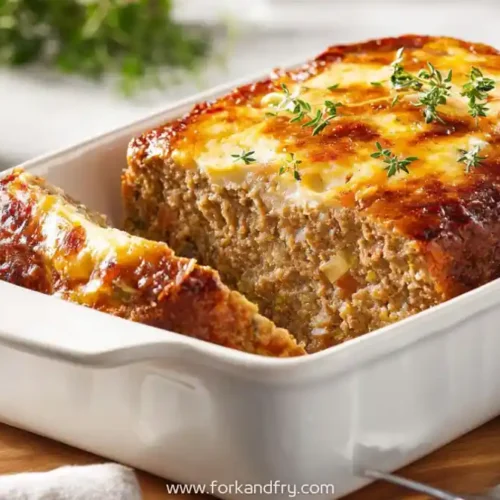 juicy baked meatloaf with golden cheese topping and herbs in white casserole dish