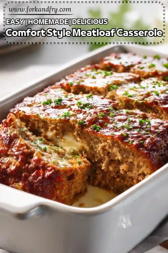 Easy Comfort Style Meatloaf Casserole with Cheesy Center cheesy baked meatloaf sliced in white dish topped with herbs and glaze