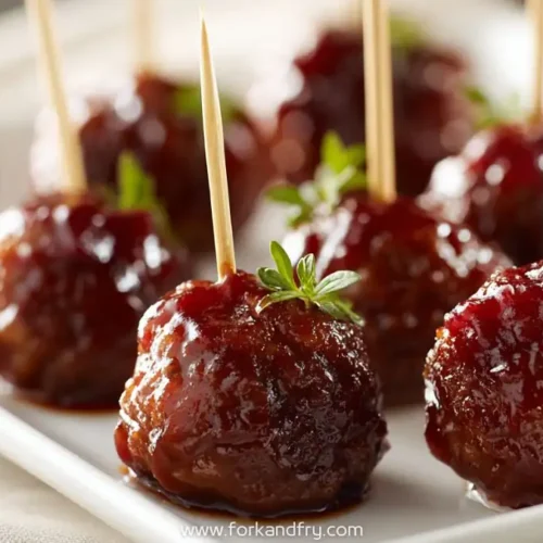 Mini glazed meatballs with cranberry BBQ sauce on skewers, garnished with herbs on white tray