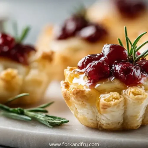 Mini puff pastry bites filled with melted brie, cranberry sauce and rosemary sprigs on marble board