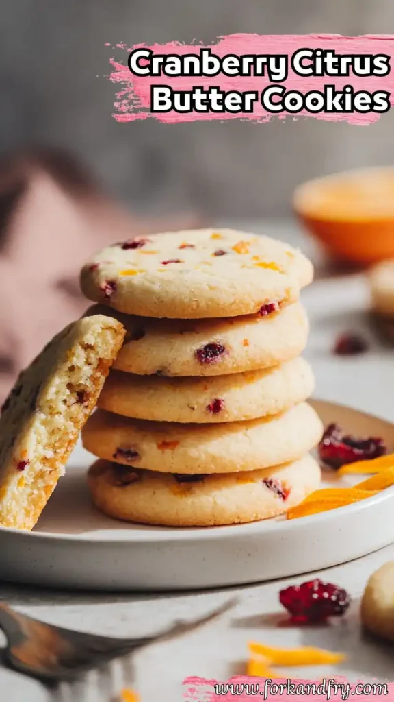 stacked cranberry citrus butter cookies on ceramic plate with orange zest and fork