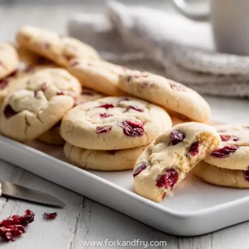 baked cranberry cookies on a rectangular white tray with linen and knife on wooden surface
