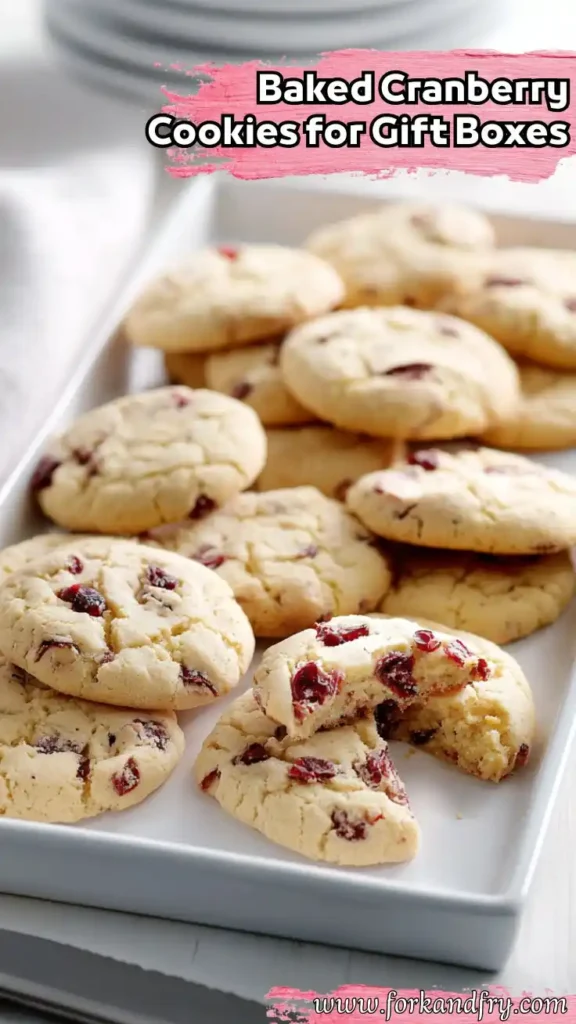 Baked Cranberry Cookies for Holiday Gift Boxes tray of baked cranberry cookies stacked and broken with visible red berry pieces