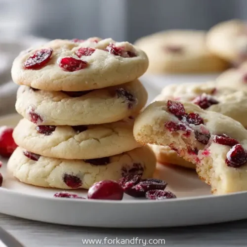 stack of soft cranberry cookies with sugar topping on white plate and silver fork