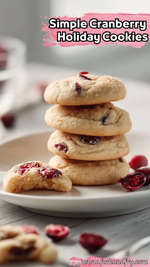stacked cranberry cookies on white plate with broken cookie and scattered berries
