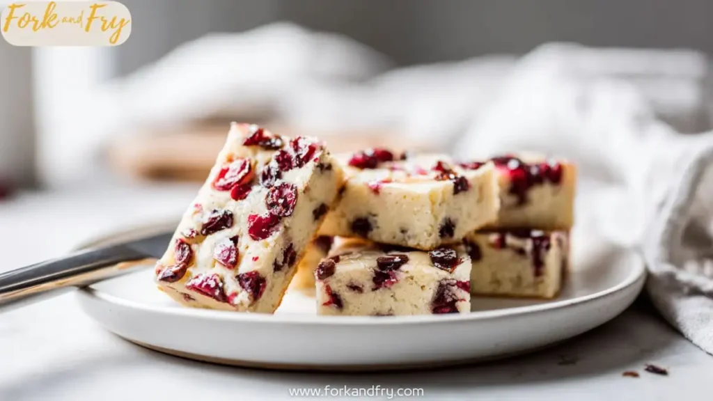 stacked cranberry orange cookie bars on a white plate with soft linen background