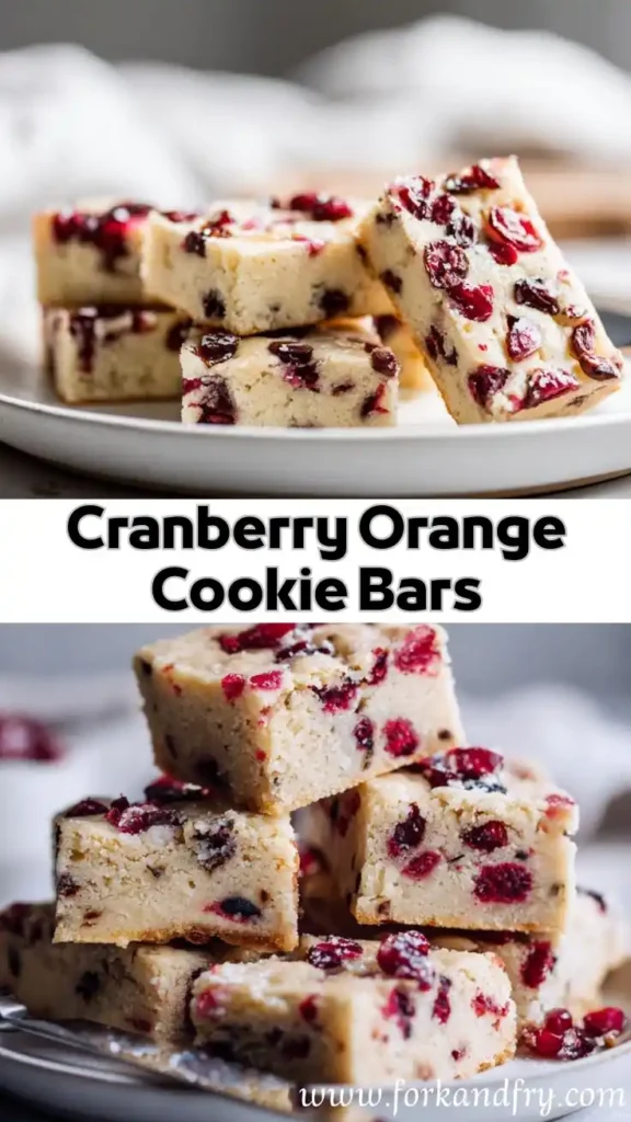 stacked cranberry orange cookie bars with golden edges on a white plate