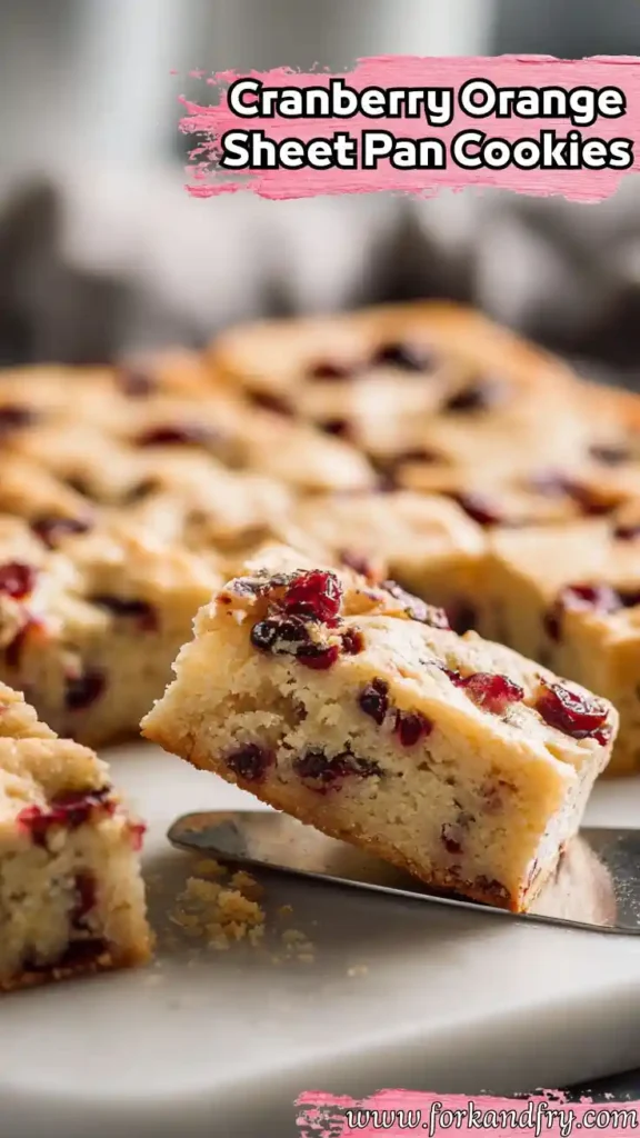 Cranberry Orange Sheet Pan Cookies That Make Baking Easy golden cranberry orange cookie bar lifted from sheet pan with red cranberries and soft crumb texture