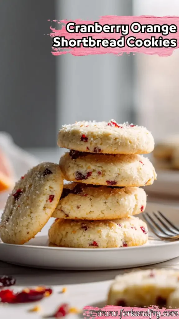Cranberry Orange Shortbread Cookies for the Perfect Holiday Treat stack of golden cranberry orange shortbread cookies on white plate with sugar topping and red accents
