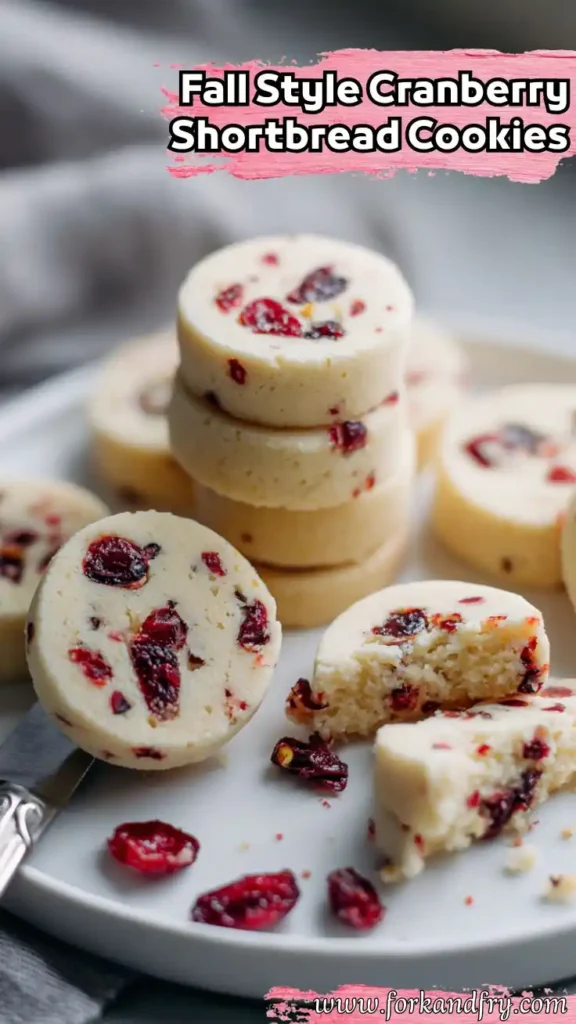 Cranberry Shortbread Cookies Perfect for Fall Baking Stacked cranberry shortbread cookies on plate with crumbs and dried cranberries