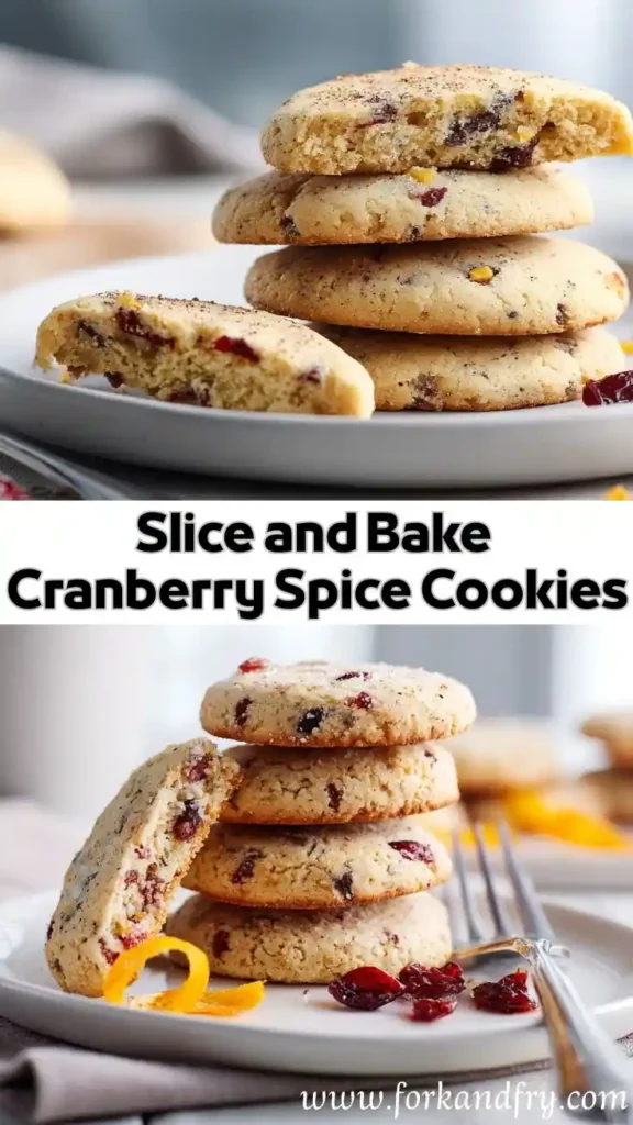 Slice and Bake Cranberry Spice Cookies with a Soft and Spiced Center sliced and stacked cranberry spice cookies with orange zest on white plate and rustic background