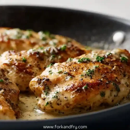 skillet-seared chicken breasts in creamy garlic parmesan sauce with herbs and golden crust