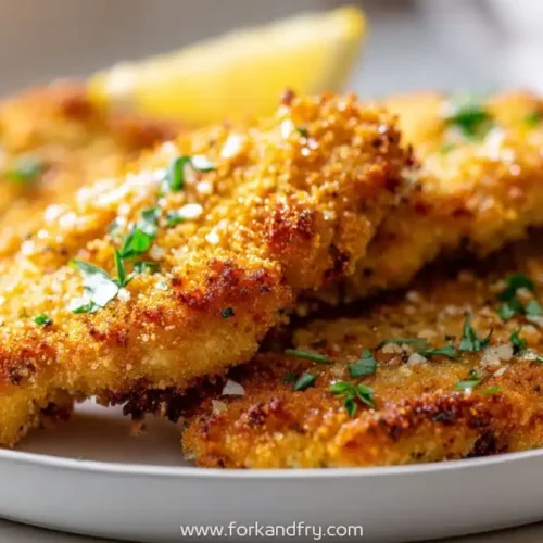 Crispy golden air fryer chicken cutlets topped with parsley and served with fresh lemon wedges