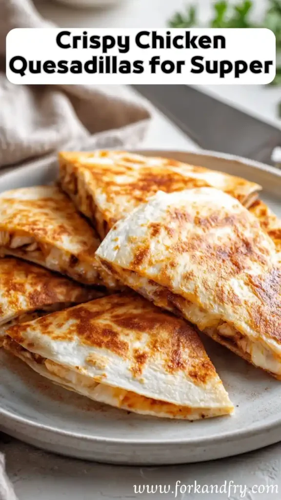 crispy golden quesadilla wedges stacked on plate with bold supper title