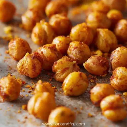 crispy roasted chickpeas with smoked paprika on baking sheet