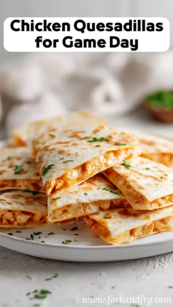 Chicken Quesadillas for Game Day – Easy Party Food stacked chicken quesadillas on plate with melted cheese and bold game day title