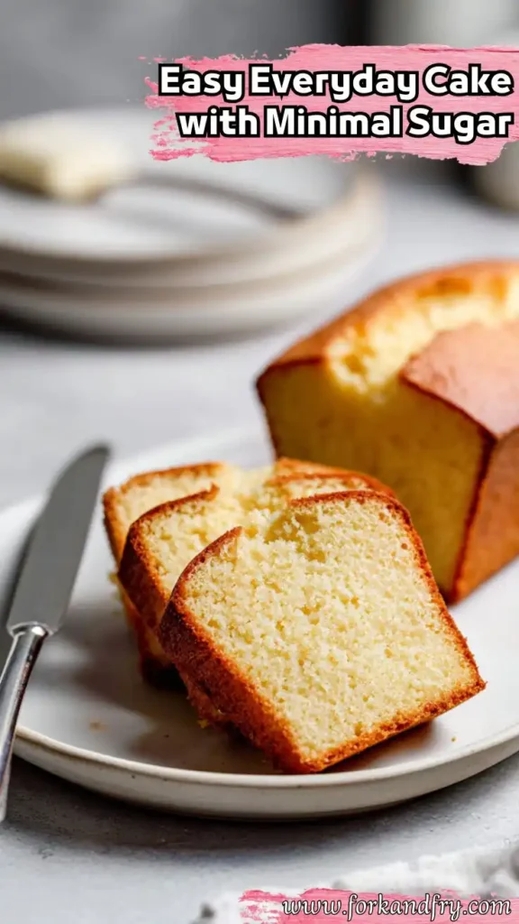 Pinterest-Ready Everyday Pound Cake with Minimal Sugar Vertical image of sliced pound cake with golden crust and minimal sugar on a plate with knife