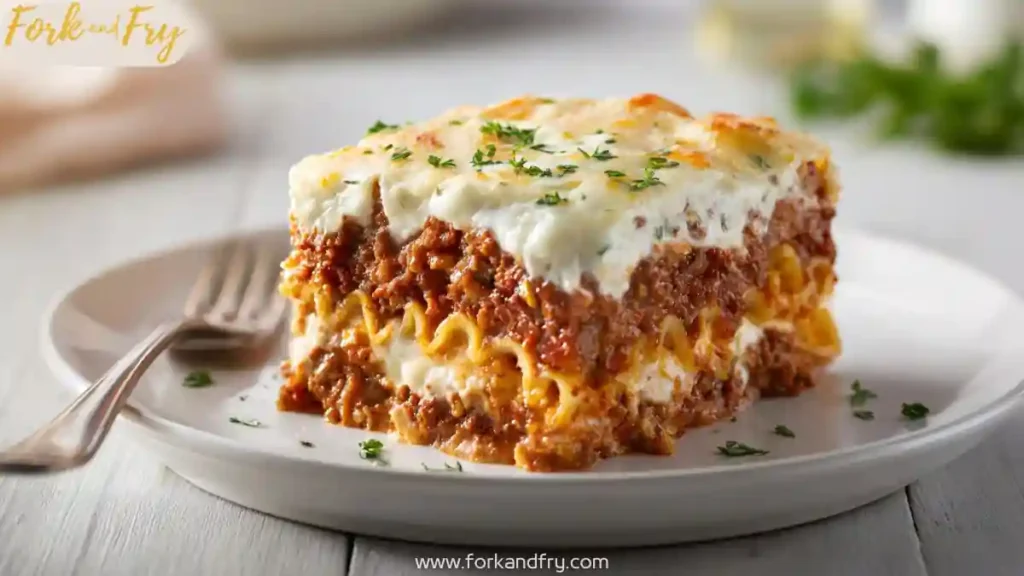 thick slice of family style meatloaf pasta bake with layers of cheese and herbs on white plate