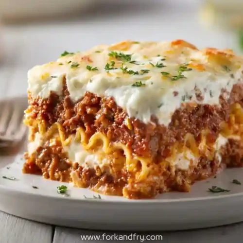 thick slice of family style meatloaf pasta bake with layers of cheese and herbs on white plate