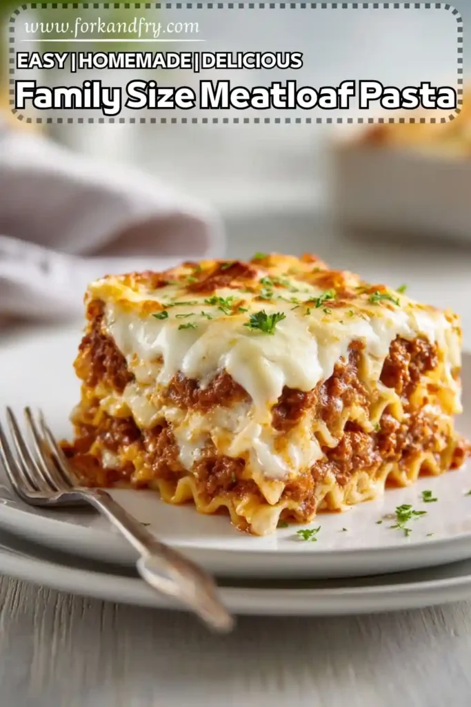 stacked meatloaf pasta bake with layers of meat sauce and cheese on white plate