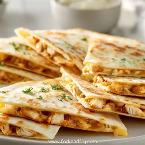 Platter of grilled chicken quesadillas cut into wedges with herbs on top