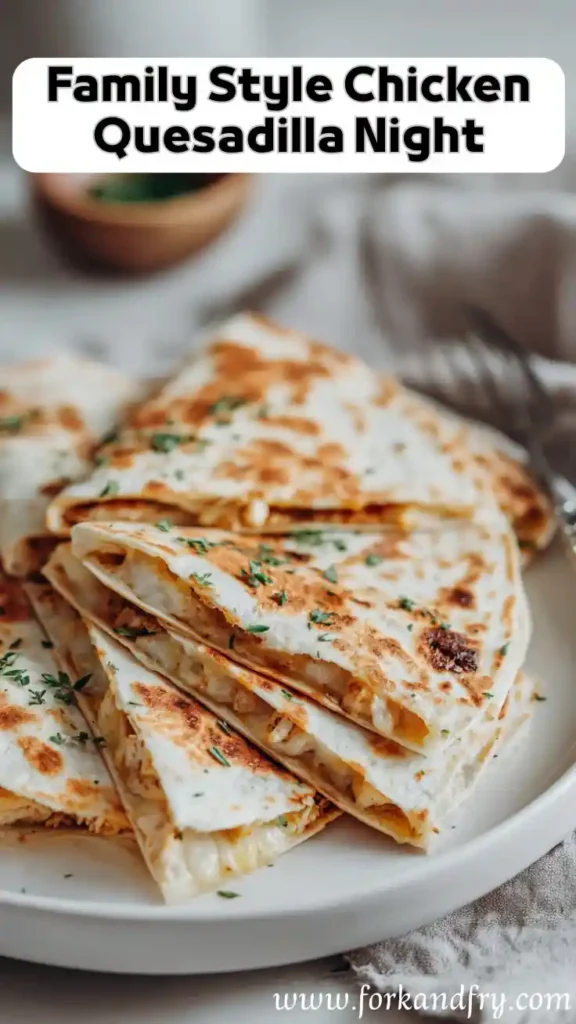 Family Style Chicken Quesadillas for Easy Dinner Stacked chicken quesadillas with melted cheese on a white plate garnished with herbs