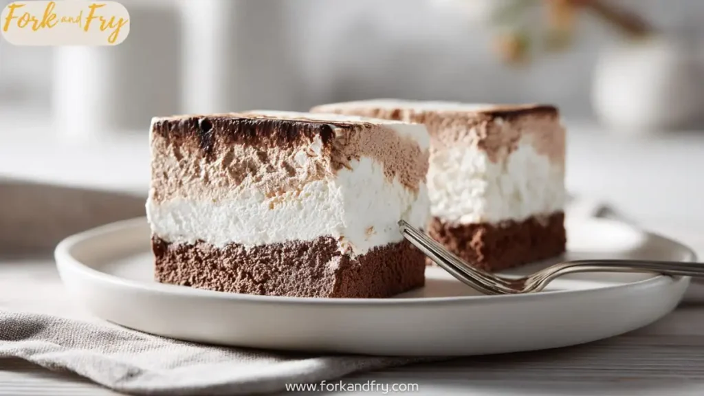 layered chocolate and vanilla frozen marshmallow squares served on white plate with fork