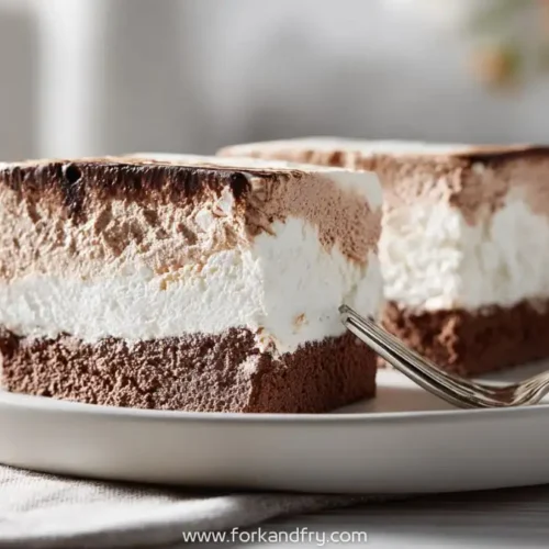 layered chocolate and vanilla frozen marshmallow squares served on white plate with fork