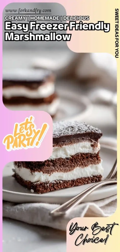 layered frozen chocolate and marshmallow dessert slice with powdered sugar and text overlays