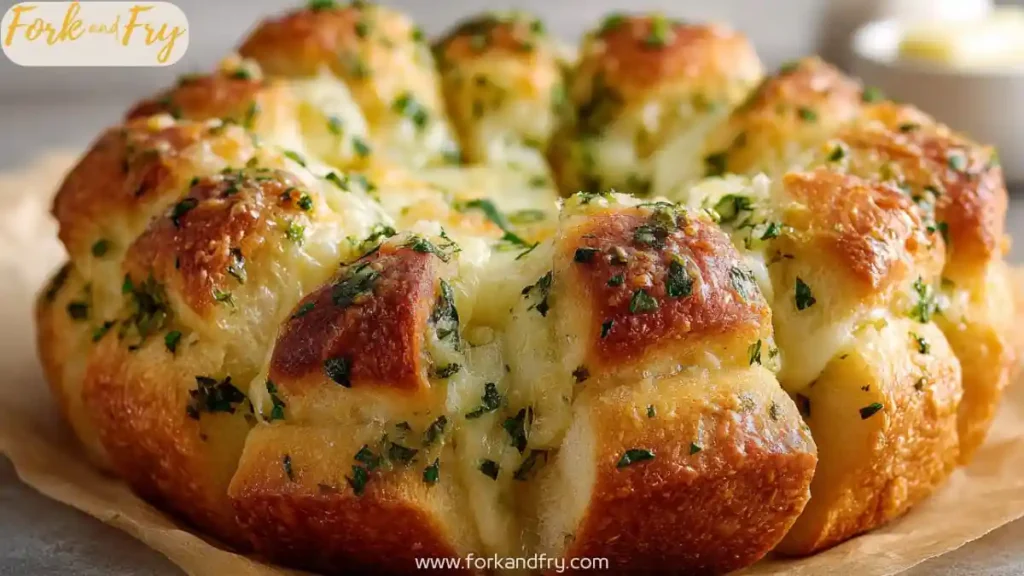 Golden garlic pull-apart bread filled with gooey melted mozzarella and parsley on parchment