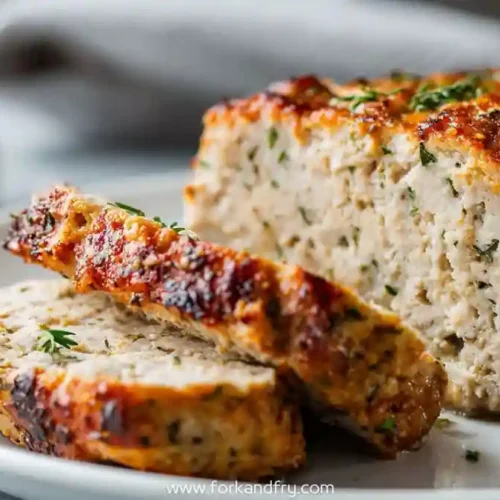 Sliced garlic parmesan chicken meatloaf with golden crust on white plate