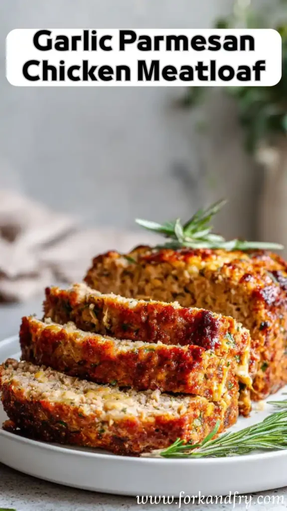 Sliced garlic parmesan chicken meatloaf garnished with rosemary on a white plate