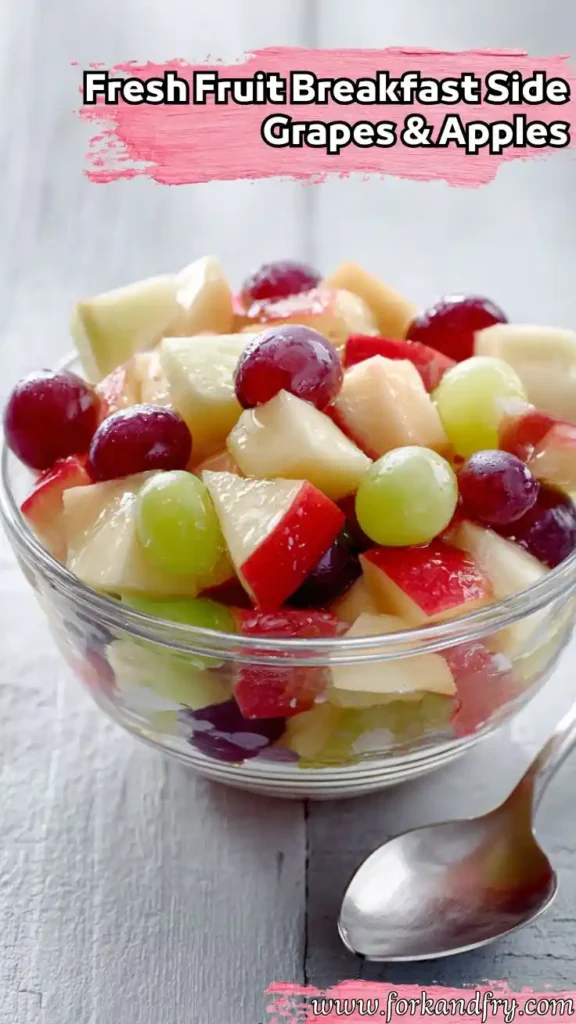 Bright Grape and Apple Fruit Salad – Perfect for Pinterest Brunch Pins clear bowl of fruit salad with grapes and apples on textured wood, with pink header text