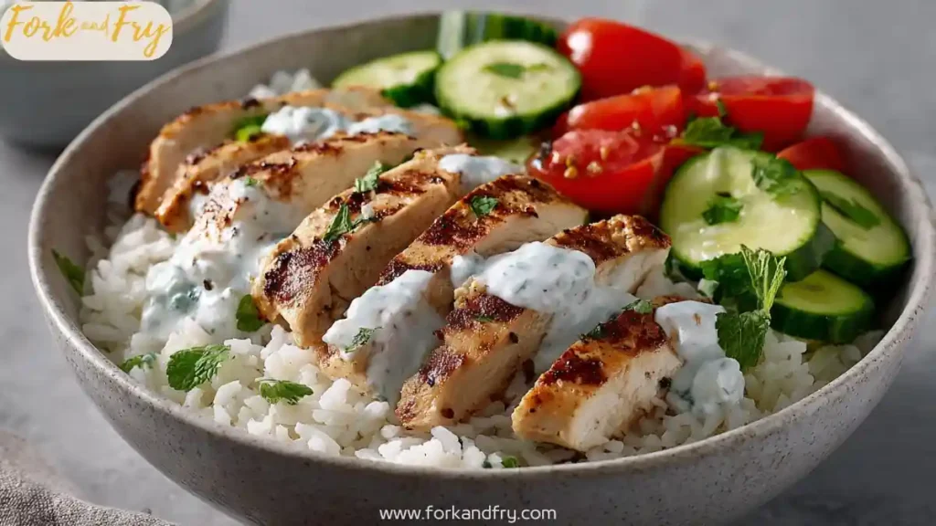 Grilled Greek chicken souvlaki slices over rice with tzatziki, cucumber and cherry tomatoes