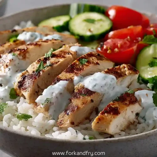 Grilled Greek chicken souvlaki slices over rice with tzatziki, cucumber and cherry tomatoes