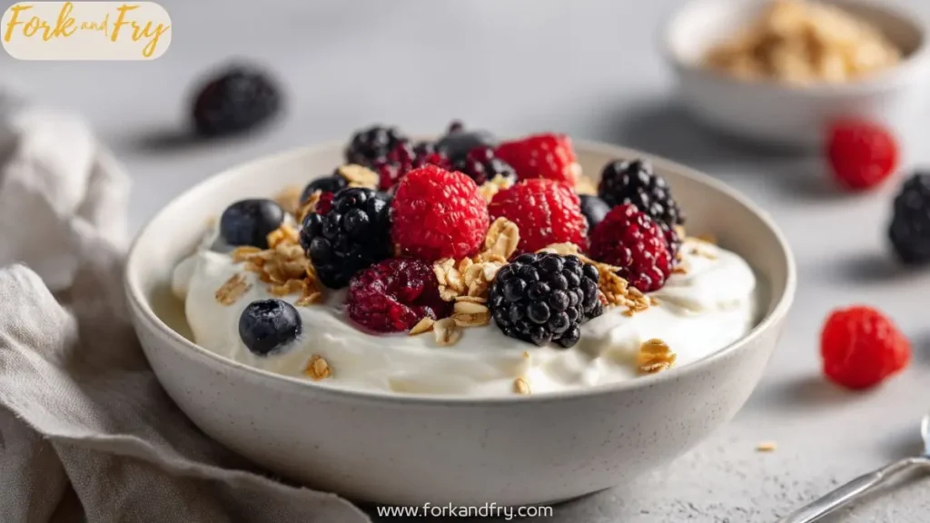 Bowl of Greek yogurt topped with blackberries, raspberries, blueberries and granola on a gray surface