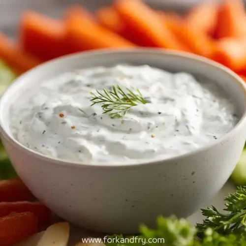 greek yogurt ranch dip in white bowl with carrots cucumbers celery and herbs