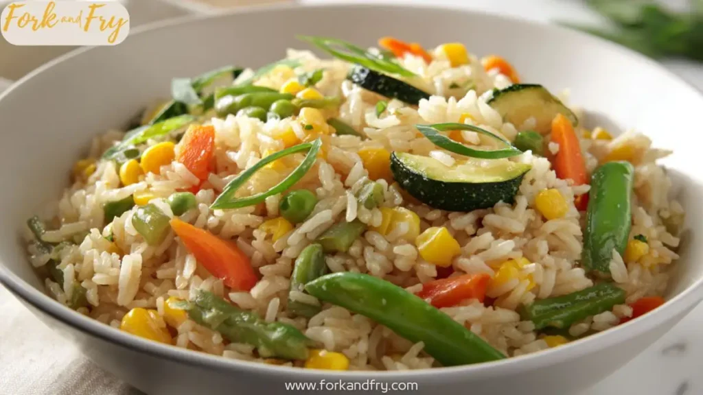 colorful hibachi vegetable fried rice with zucchini, peas, carrots and green onions