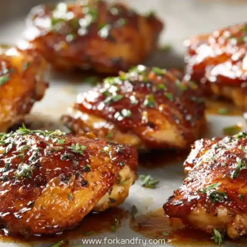 Glazed honey garlic chicken thighs garnished with herbs on a baking sheet