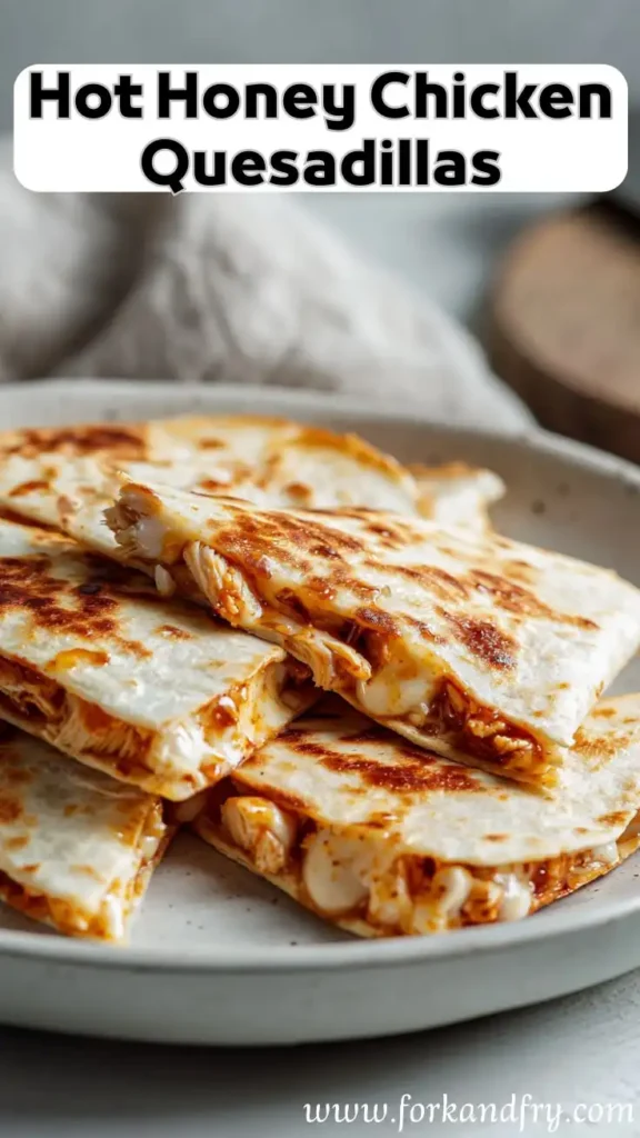 Hot Honey Chicken Quesadillas – Easy Weeknight Favorite melty hot honey chicken quesadillas stacked on plate with bold text overlay