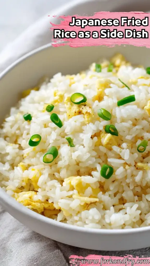 Vertical Japanese Fried Rice with Egg and Scallions close-up of Japanese fried rice with egg and scallions served in a white bowl
