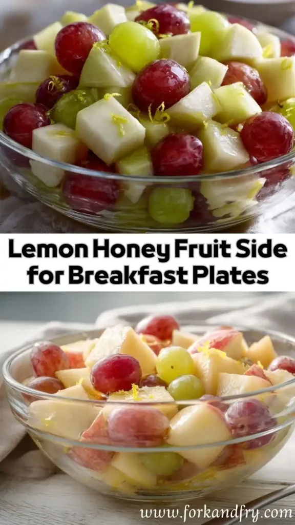 Fresh fruit salad with grapes, apple cubes and lemon zest in glass bowls with styled text overlay