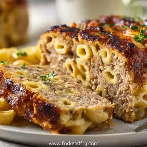 creamy macaroni-stuffed meatloaf with golden crust and herbs on a plate