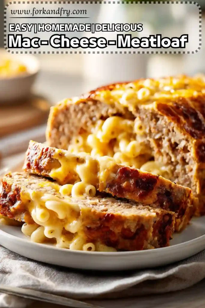 Easy Mac and Cheese Meatloaf with Cheesy Center Vertical image of mac and cheese stuffed meatloaf slices on a white plate with bold text overlay
