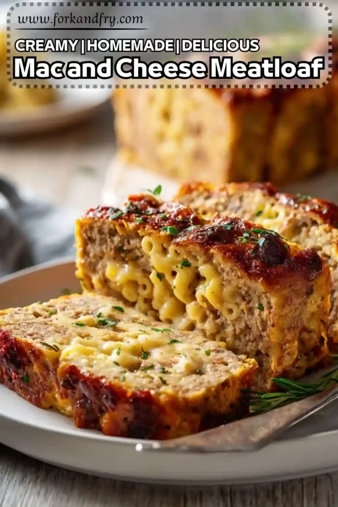 Creamy Mac and Cheese Meatloaf – A Comfort Classic Reinvented sliced mac and cheese stuffed meatloaf with golden crust and parsley on plate