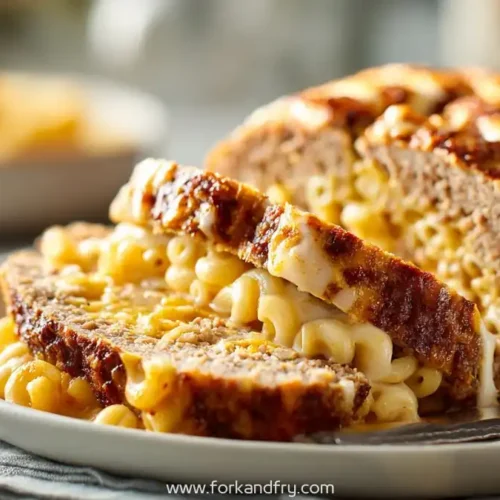 Sliced meatloaf stuffed with creamy macaroni and cheese served on a white plate