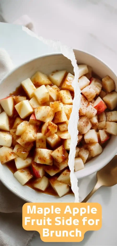 Maple Apple Fruit Side Dish for Brunch split view of diced apples with maple and cinnamon in white bowl with golden spoon