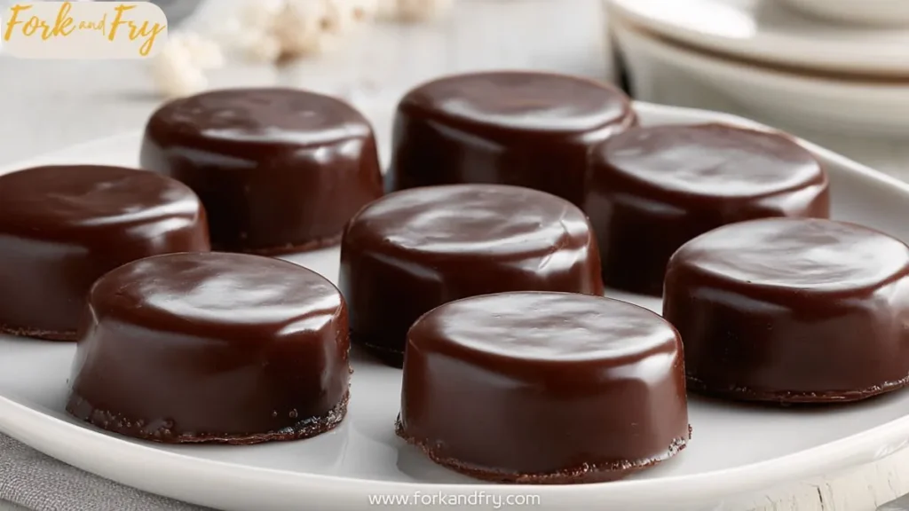glossy chocolate-covered marshmallow treats on white plate, perfect for holidays