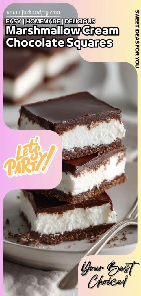 Easy Marshmallow Cream Chocolate Squares Recipe for Parties Close-up of layered marshmallow chocolate squares with graham crust, styled for sweet dessert inspiration