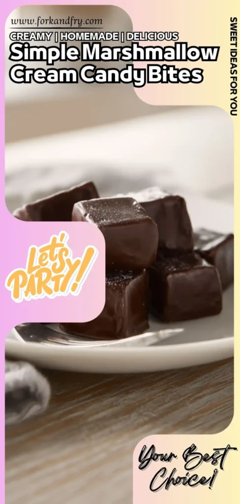 Simple Marshmallow Candy Bites with Chocolate Shell Glossy square chocolate marshmallow candies stacked on a white plate with fork